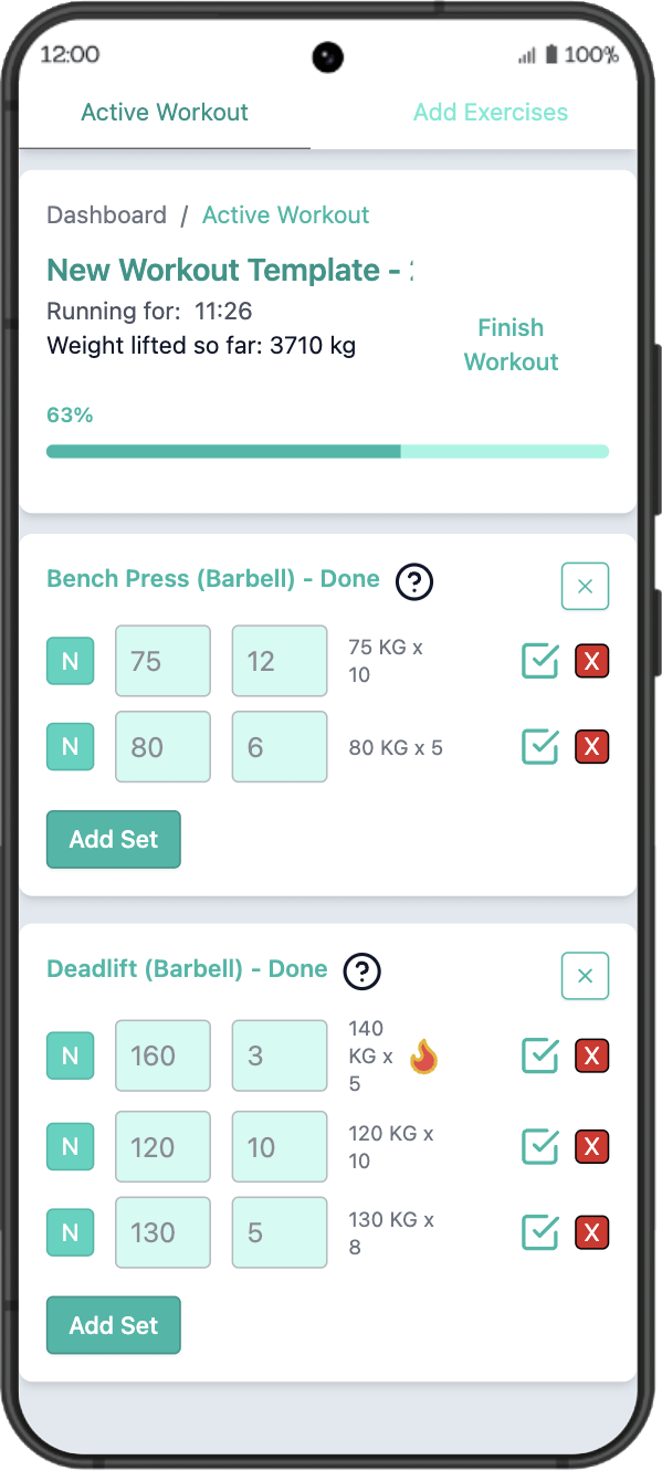 screenshot of workout tracking